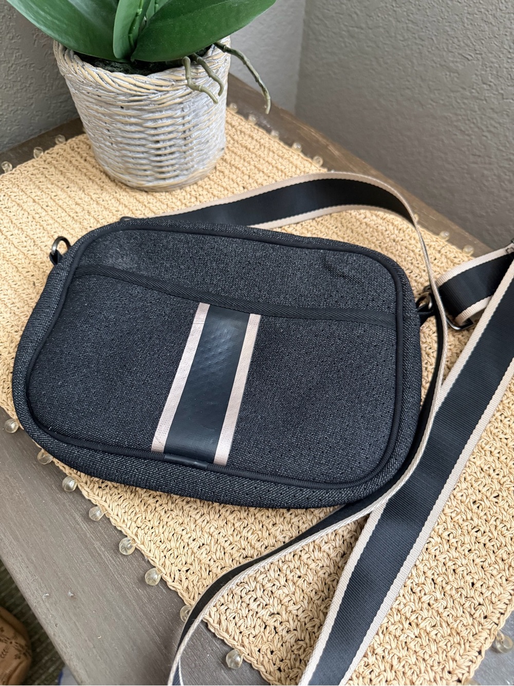 Haute Shore Micro Fiber Charcoal Blk Crossbody Shoulder Bag with Contrast Stripe